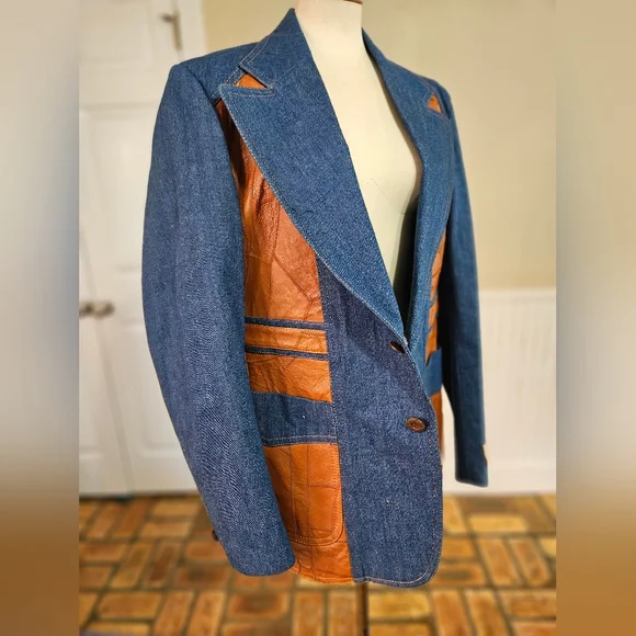 NWT VTG 70s OU.I International Denim And Leather Suit Jacket Blazer Size 44 - Picture 3 of 10